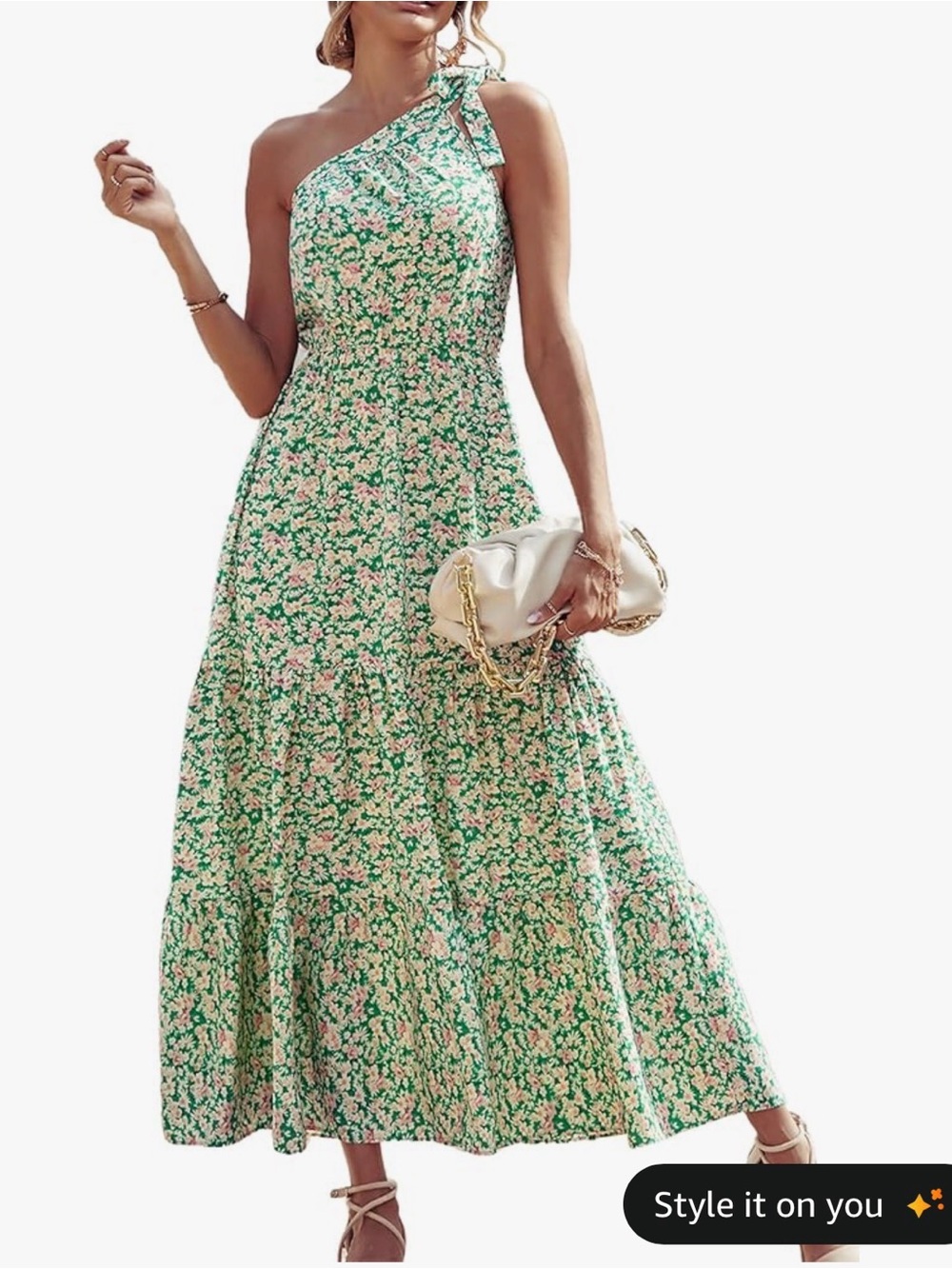 Green Floral One-Shoulder Tiered Maxi Dress - Picture 3 of 3